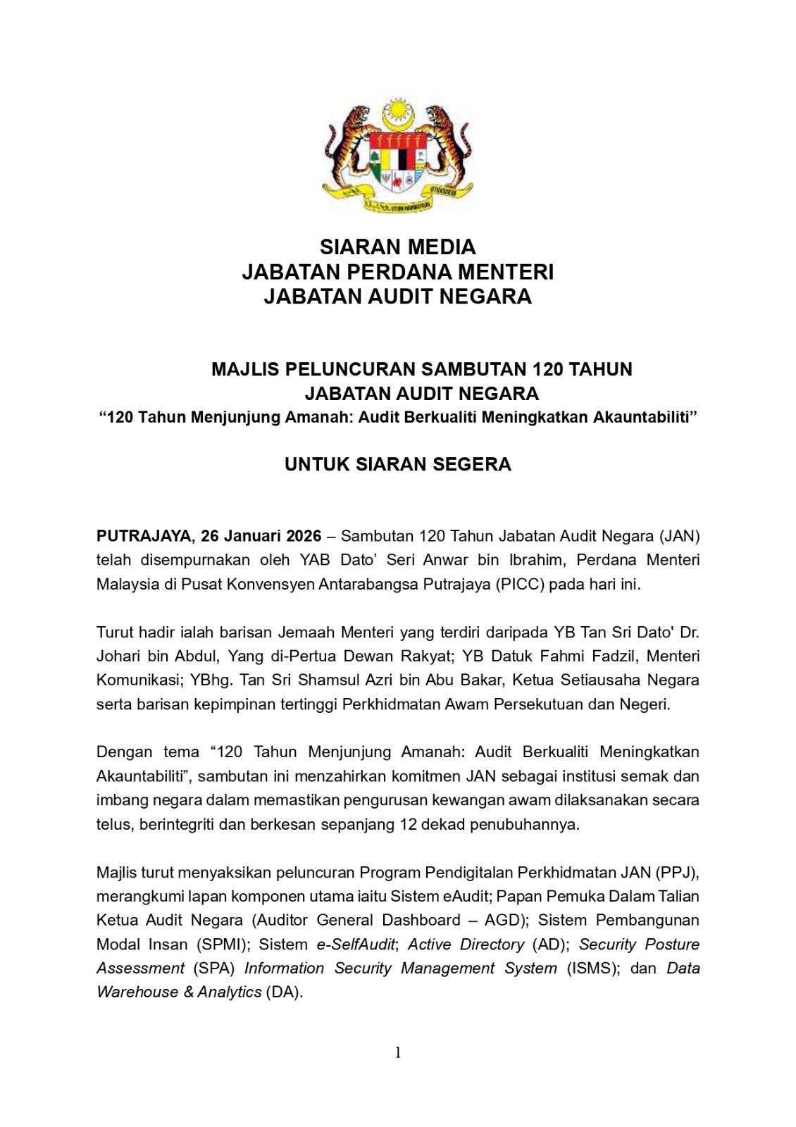 Siaran Media Majlis Sambutan 120 Tahun JAN