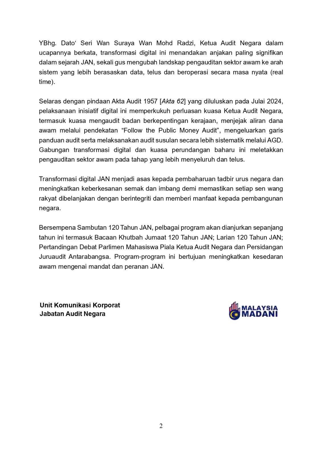 Siaran Media Majlis Sambutan 120 Tahun JAN