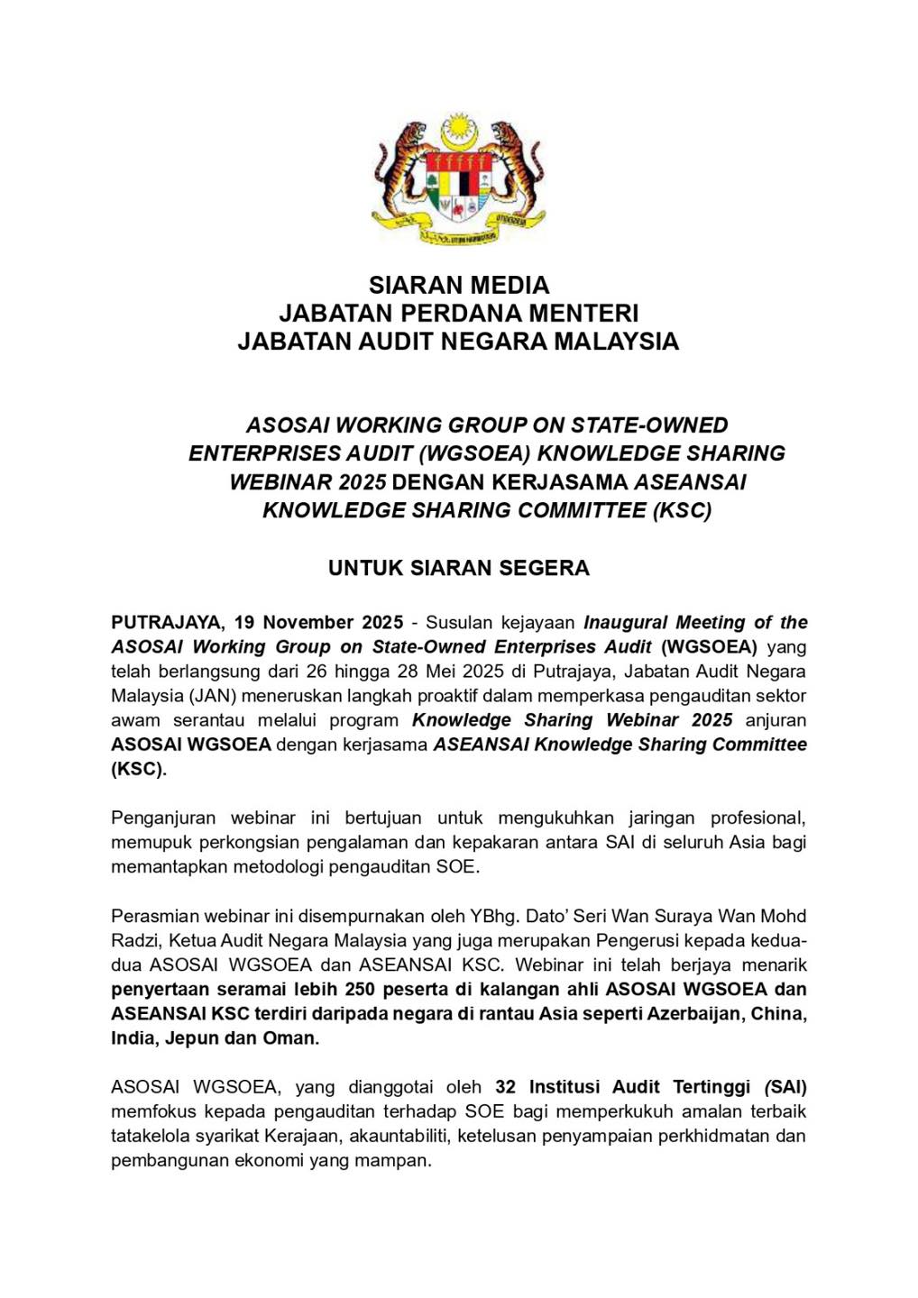 Siaran Media Berkenaan ASOSAI Working Group on State-Owned Enterprises Audit (WGSOEA) Knowledge Sharing Webinar 2025 Dengan Kerjasama ASEANSAI Knowledge Sharing Committee (KSC)
