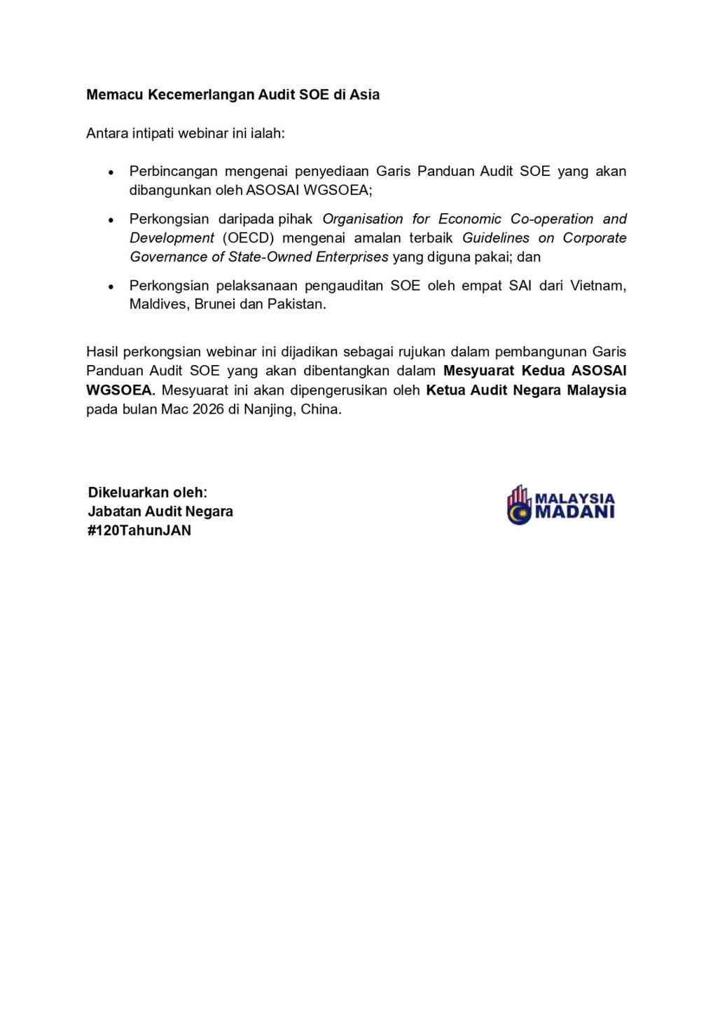 Siaran Media Berkenaan ASOSAI Working Group on State-Owned Enterprises Audit (WGSOEA) Knowledge Sharing Webinar 2025 Dengan Kerjasama ASEANSAI Knowledge Sharing Committee (KSC)