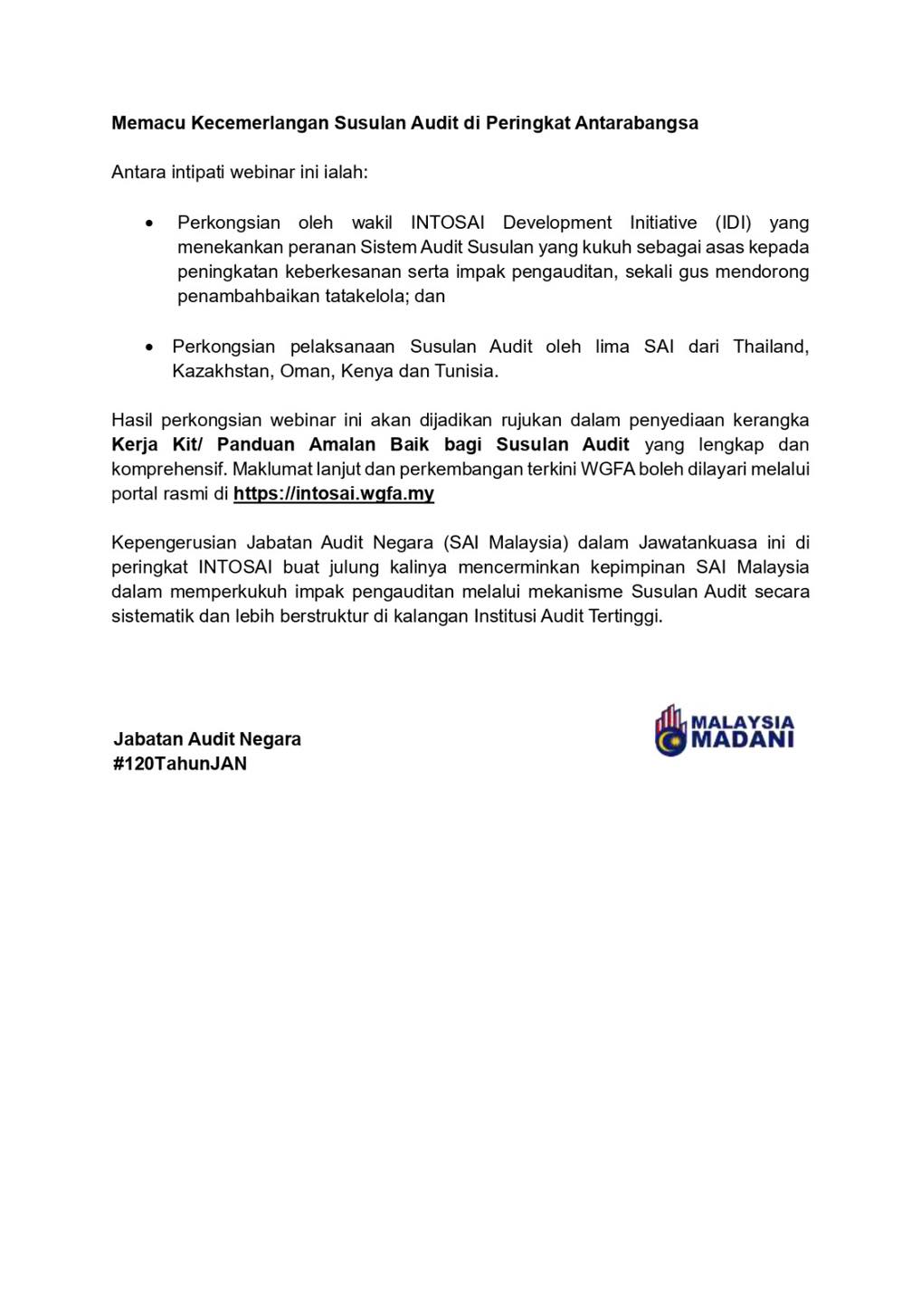 Siaran Media Berkenaan INTOSAI Working Group on Follow-Up Audit (WGFA) Knowledge Sharing Webinar 2025 Dengan Kerjasama ASEANSAI Knowledge Sharing Committee (KSC)