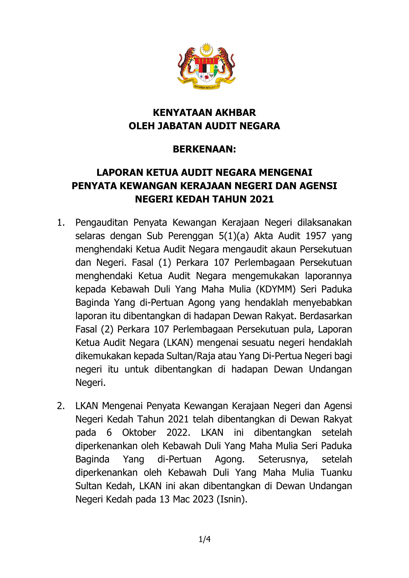 KENYATAAN AKHBAR LKAN MENGENAI PENYATA KEWANGAN KERAJAAN NEGERI DAN AGENSI NEGERI KEDAH TAHUN 2021 13032023 1